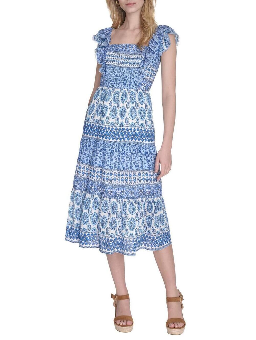 Eliza J Blue Ruffle Sleeve Midi Dress Pockets Plus Size 16W Church Formal Event
